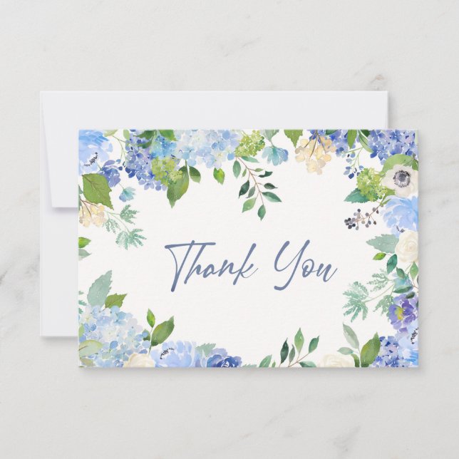 Carte De Remerciements Elégante Hydrangée Bleue Verdure Mariage Floral (Devant)