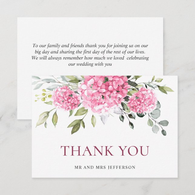 Carte De Remerciements Élégante Hydrangée rose pâle Eucalyptus Floral (Devant / Derrière)