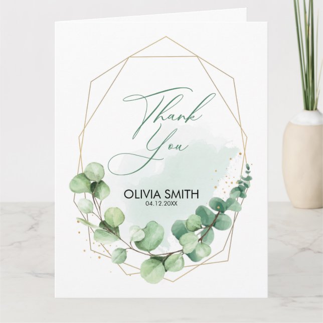 Carte De Remerciements Élégante ligne d'or vert eucalyptus mariage que (Devant)