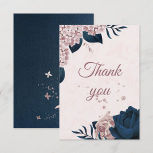 Carte De Remerciements élégante marine et poussiéreuse fleurs roses botan