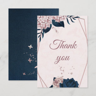 Carte De Remerciements élégante marine et poussiéreuse fleurs roses géomé