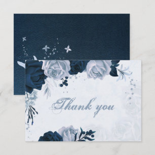 Carte De Remerciements élégante marine & fleurs bleues poussiéreuses bota