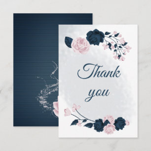 Carte De Remerciements élégante marine & fleurs roses botanique