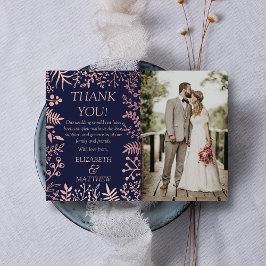 Carte De Remerciements Elégante Marine & Rose Gold Floral Mariage Photo
