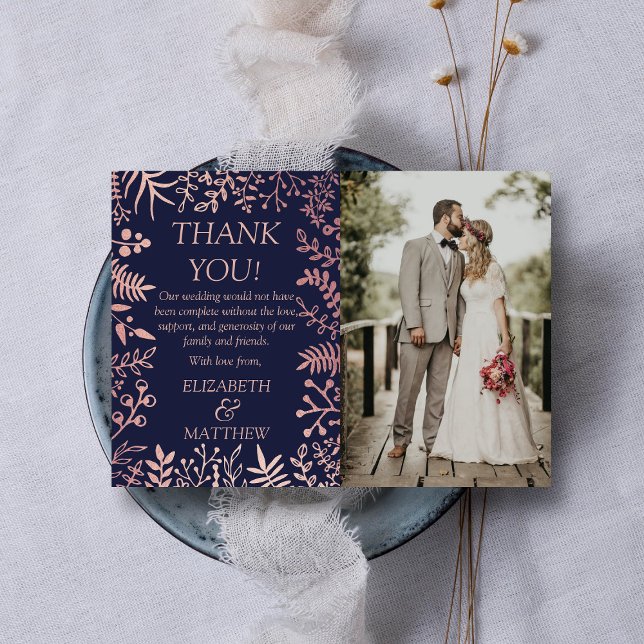 Carte De Remerciements Elégante Marine & Rose Gold Floral Mariage Photo (Créateur téléchargé)