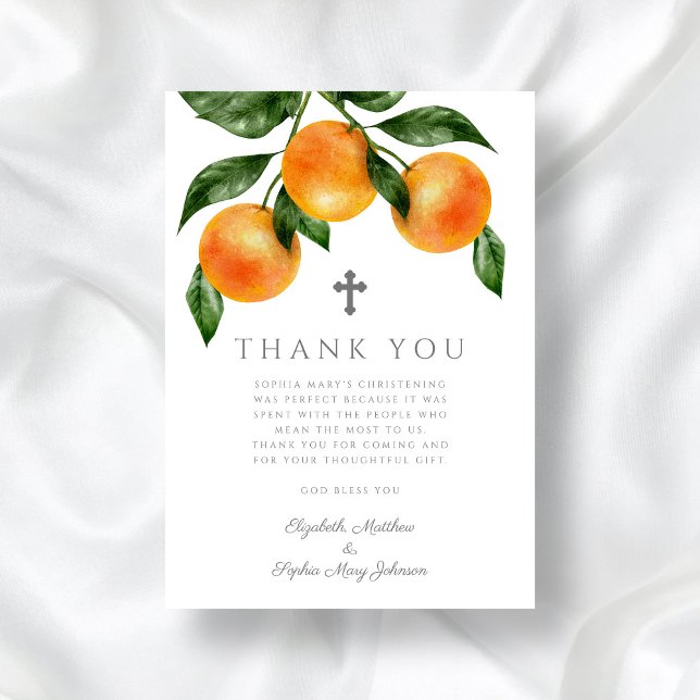 Carte De Remerciements Élégante Oranges botaniques Fille Christening (Elegant Botanical Oranges Girl Christening Thank You Card)