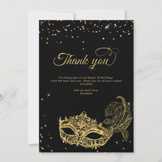 Carte De Remerciements Elégante Parties scintillant d'or noir Masquerade  (Devant)