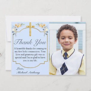 Carte De Remerciements Elégante Pêche Bleue Florale 1ère Sainte Communion