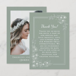 Carte De Remerciements Élégante Photo de Mariage Botanique Vert Sauge