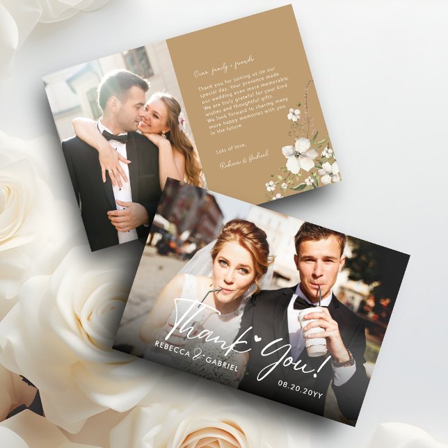 Carte De Remerciements Élégante photo de mariage florale à l'aquarelle (Créateur téléchargé)