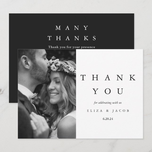 Carte De Remerciements Elégante photo de Mariage noir et blanc (Devant / Derrière)