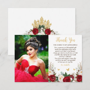Carte De Remerciements Elégante photo Florale Rouge & Or Quinceañera