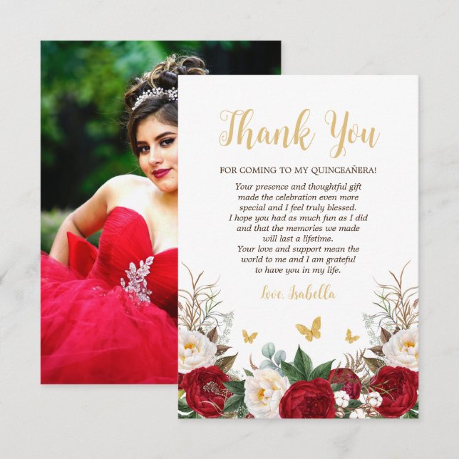 Carte De Remerciements Elégante photo Florale Rouge & Or Quinceañera (Devant / Derrière)