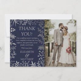 Carte De Remerciements Elégante photo Mariage floral marine et argent