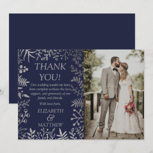 Carte De Remerciements Elégante photo Mariage floral marine et argent
