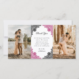 Carte De Remerciements Élégante photo Mariage rose chaud et noir floral