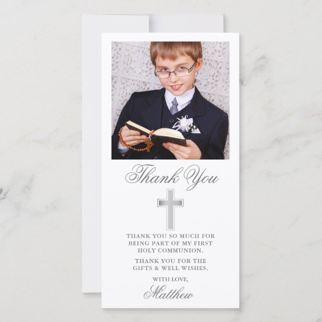 Carte De Remerciements Élégante Première Sainte Communion Argent (Devant)