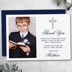Carte De Remerciements Élégante Première Sainte Communion Photo Bleu