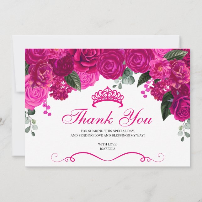 Carte De Remerciements Elégante Quinceanera florale rose Fuchsia argent (Devant)
