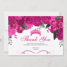 Carte De Remerciements Elégante Quinceanera florale rose Fuchsia argent