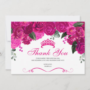 Carte De Remerciements Elégante Quinceanera florale rose Fuchsia argent