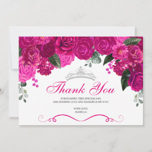 Carte De Remerciements Elégante Quinceanera florale rose Fuchsia argent