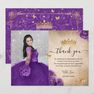 Carte De Remerciements Élégante Quinceañera Violet et Or Photo Anniversai