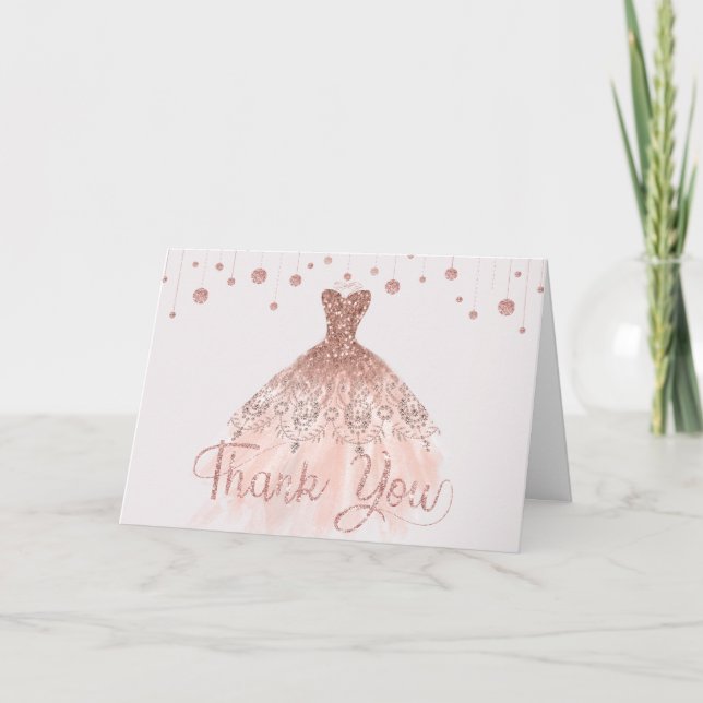 Carte De Remerciements Elégante robe Rose or Quinceañera 15e anniversaire (Devant)