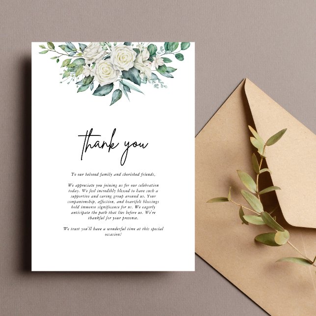 Carte De Remerciements Élégante Rose blanche verte Mariage Floral (Créateur téléchargé)