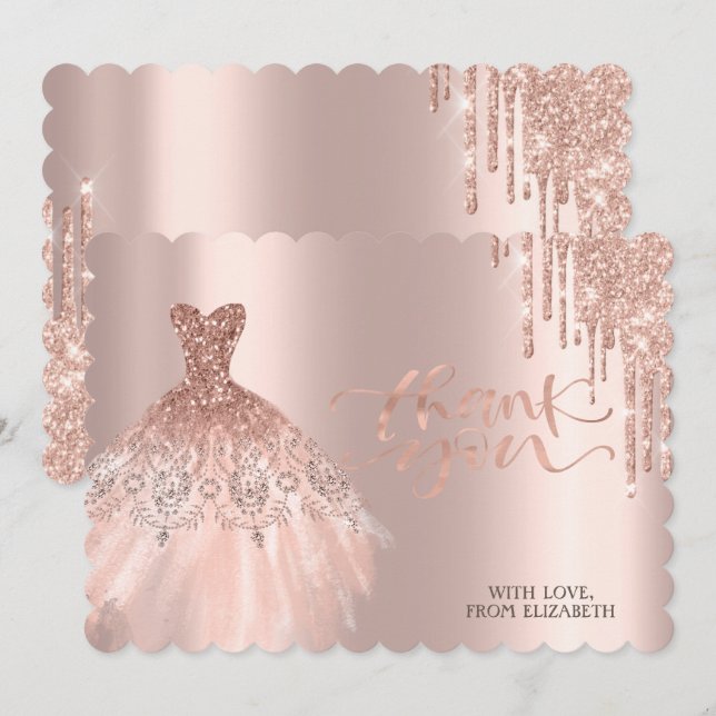 Carte De Remerciements Élégante Rose Gold Drives Robe (Devant / Derrière)