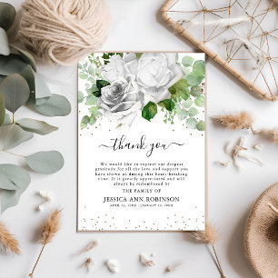 Carte De Remerciements Elégante Roses Blanches & Eucalyptus Sympathie Ver