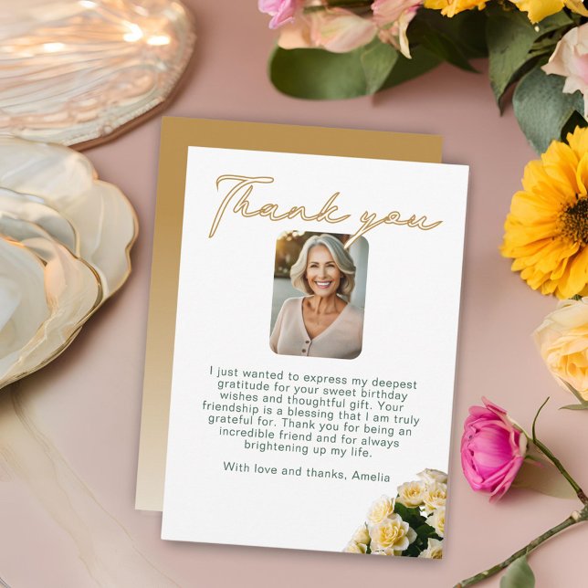 Carte De Remerciements Elégante Roses Jaunes Florale Photo Anniversaire (Créateur téléchargé)