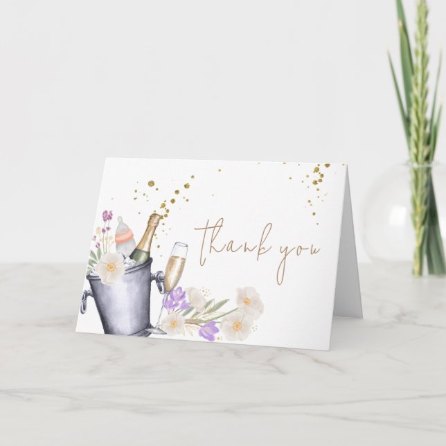 Carte De Remerciements Elégante Sip & Voir Champagne Baby shower bouteill (Devant)