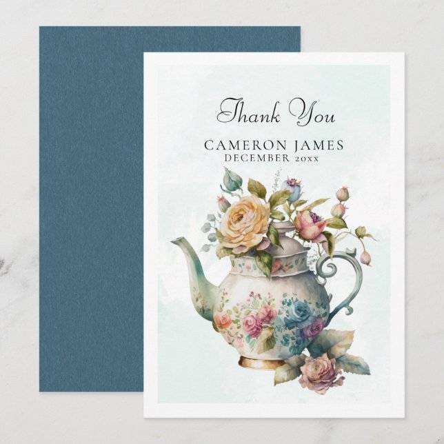 Carte De Remerciements Elégante Teapot Aquarelle Floral Tea Party (Devant / Derrière)