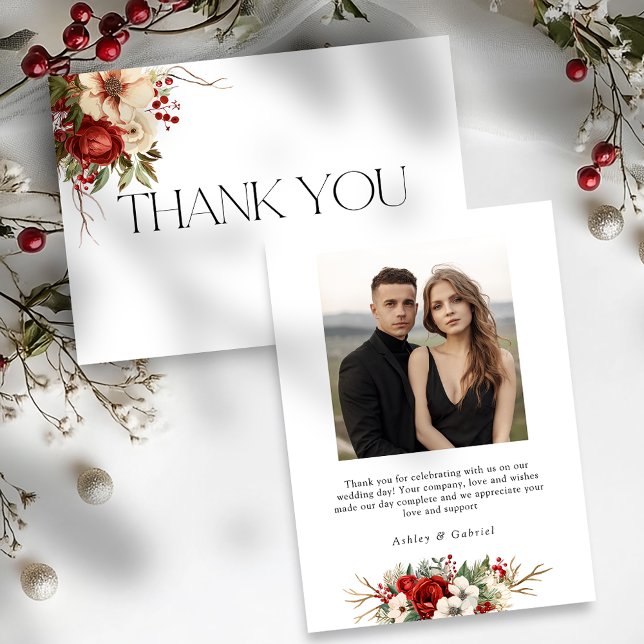 Carte De Remerciements Élégante typographie florale hivernale de Noël (Créateur téléchargé)