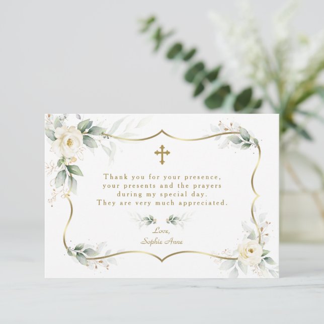Carte De Remerciements Élégante verdure Fleurs blanches Croix d'or Baptêm (Debout devant)