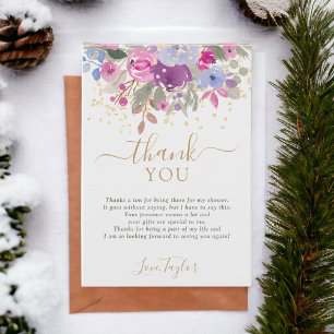 Carte De Remerciements Elégante violet or hiver Floral douche nuptiale