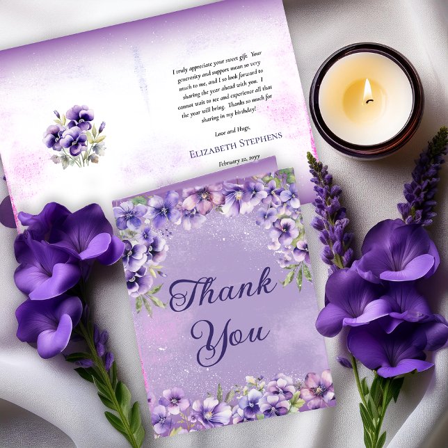 Carte De Remerciements Élégante Violette violette Florale fête d'annivers (Boho Elegant Purple Violets Floral Folded Thank You Card - Birthdays or Other Occasions)