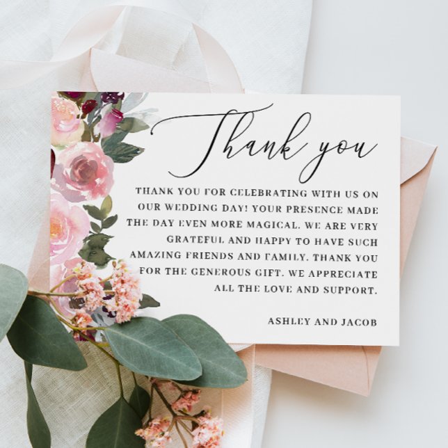 Carte De Remerciements Élégantes fleurs roses roses. Mariage fleuri du ja (Créateur téléchargé)