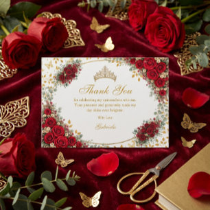 Carte De Remerciements Élégantes Roses Rouges Papillons Dorés Quinceañera