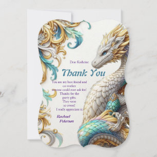 Carte De Remerciements Élégantes volutes chic en or, dragon ludique argen
