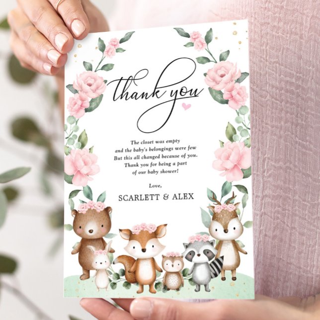 Carte De Remerciements Élégants animaux boisés rose Blush Floral Baby (Créateur téléchargé)