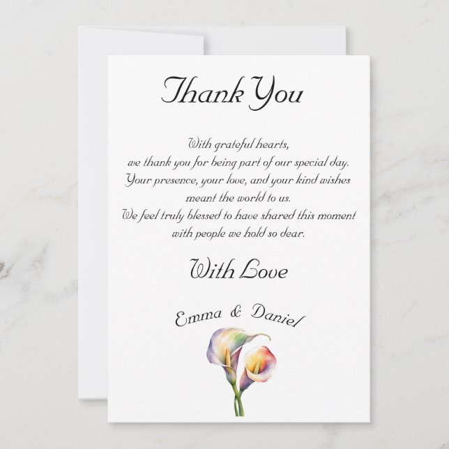 Carte De Remerciements Élégants callas à l'aquarelle Fleurs florales roma (Devant)