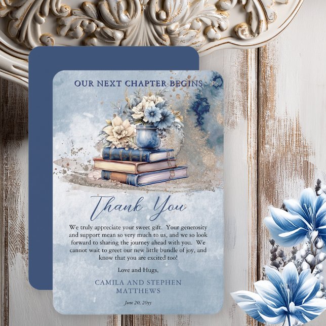 Carte De Remerciements Élégants Livres Floraux Notre Prochain Baby shower (Rustic Vintage Look Elegance "Our Next Chapter Begins . . ."Old Books and Flowers Baby Shower Invite)