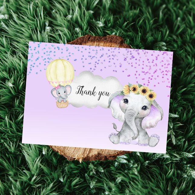 Carte De Remerciements Eléphant à air chaud ballon Baby shower violet (Créateur téléchargé)