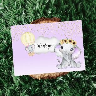 Carte De Remerciements Eléphant à air chaud ballon Baby shower violet