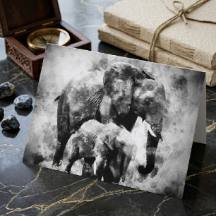 Carte De Remerciements Eléphant africain avec veau noir et blanc