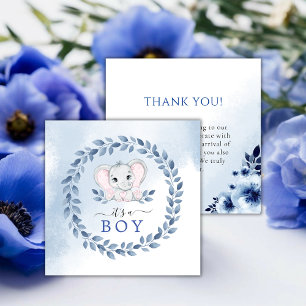 Carte De Remerciements Elephant Avec Bleu Anemones Baby shower Garçon