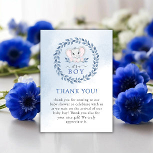 Carte De Remerciements Elephant Avec Bleu Anemones Baby shower Garçon