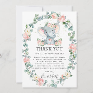 Carte De Remerciements Eléphant Baby shower rose Floral vert fille